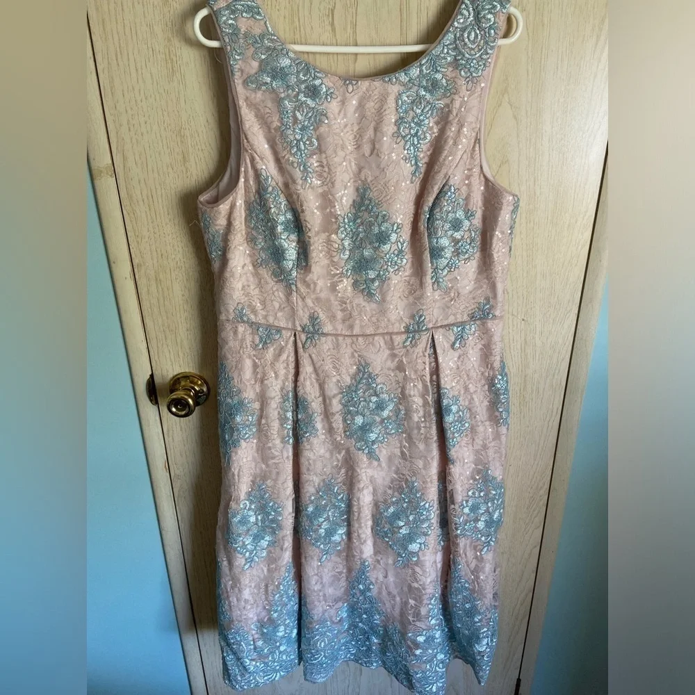 Adrianna Papell Cocktail Dress Blush Pink Baby blue Lace Fit & Flare Sz 18 READ